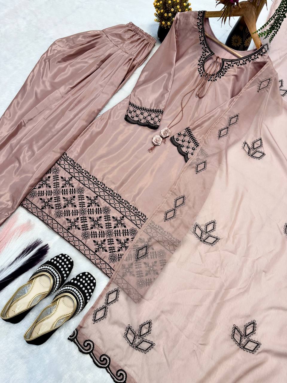 Luxe Taupe & Noir Silk Ensemble